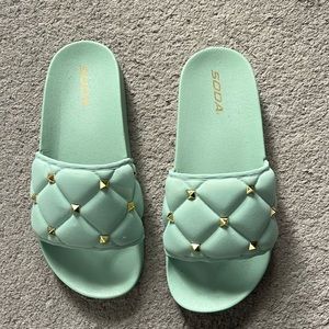 Slid on teal sandals with gold hardware studs size 8 New never worn